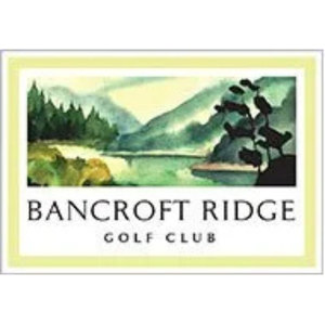 Bancroft Ridge Golf Course logo: A watercolor of a lake beneath green forested hills inside a pale yellow-green rectangular frame, with a dark silhouetted pine tree at the right edge, above Bancroft Ridge Golf Club in black serif capitals.