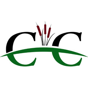 Cattail Crossing Golf Club logo: Two large black serif letters C with three dark maroon cattails on thin black stems rising between them, and a dark green swoosh sweeping underneath both letters.
