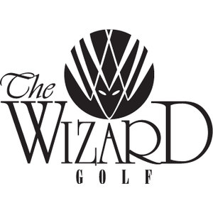 The Wizard / Man O' War Golf Course logo: A solid black circle holding a stylized wizard's face in white negative space, with angular slanted eyes and a pointed hood and beard forming diamond shapes, overlapping 'The' in script and 'WIZARD' in large art-deco serif capitals with 'GOLF' in spaced letters beneath, all in black on white.