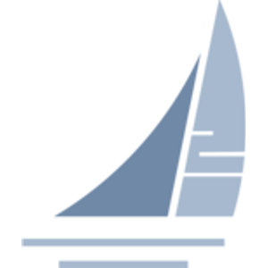 Links at Perry Cabin logo: A sailboat with two sails in slate blue: a curved solid mid-blue mainsail on the left and a taller pale-blue sail on the right crossed by two white horizontal stripes, floating above two pale-blue horizontal water lines.