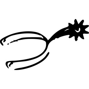 Shooting Star logo: A black ink drawing of a cowboy boot spur pointing up to the right, its U-shaped heel band open to the lower left and its multi-pointed star rowel bursting off the shank like a shooting star.