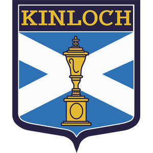 Kinloch Golf Club logo: A navy-bordered heraldic shield with KINLOCH in gold across a dark blue chief, over a light blue field bearing a white St Andrew's saltire and a tall gold trophy cup on a pedestal at center.