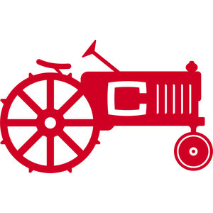 Canyata Golf Club logo: An antique farm tractor in solid red side profile facing right, with a large eight-spoke rear wheel, small front wheel, upright exhaust stack, steering wheel, radiator grille slats, and a bold white letter C cut into the engine cowling.