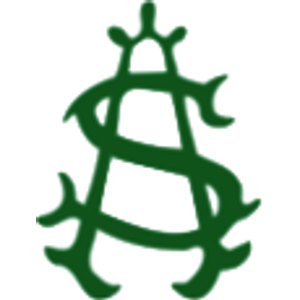 Shoreacres logo: A dark green interlocking S and A monogram with ornate forked serifs, topped by a small thistle-like finial.