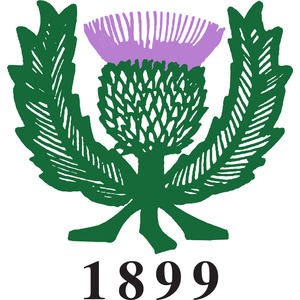 Garden City Golf Club logo: A woodcut-style Scottish thistle with a purple bloom and a crosshatched green head, flanked by two arching green serrated leaves, above the year 1899 in black serif numerals.