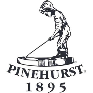 Pinehurst logo: A dark navy line drawing of the Putter Boy sundial statue, a boy in a wide-brimmed hat bent over his putter on a sundial base, above PINEHURST in serif capitals and the year 1895, with registered-trademark symbols.
