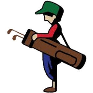 Bethpage Black logo: A retro cartoon golfer in profile facing left, wearing a green flat cap, red shirt, black vest and blue knickers, carrying a large brown golf bag with two clubs sticking out, on a white background.