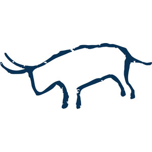 Gozzer Ranch Golf & Lake Club logo: A dark navy longhorn bull in profile facing left, drawn in rough petroglyph-style brushstrokes like a cave painting, with long curved horns and an open sketched body outline.