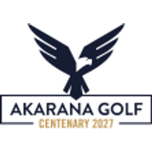 Akarana Golf Club logo: A dark navy eagle with wings spread wide above a navy-outlined rectangle containing AKARANA GOLF in navy capitals, with CENTENARY 2027 in gold capitals between two short gold rules underneath.