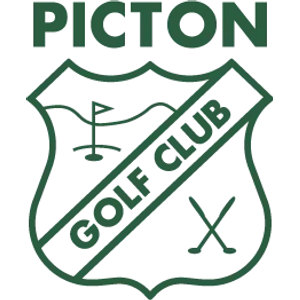 Picton Golf Club logo: A dark green shield outline with PICTON in bold green capitals above it, a golf flagstick standing in a hole drawn inside the upper left of the shield, two crossed golf clubs in the lower right, and a white diagonal band across the shield reading GOLF CLUB in green capitals.