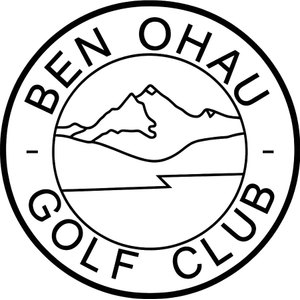 Ben Ohau Golf Club logo: A black and white circular badge with BEN OHAU arched across the top in capitals and GOLF CLUB curving along the bottom, enclosing an inner circle with a line-drawn mountain peak above a lake and a zigzag river line running to the foreground.