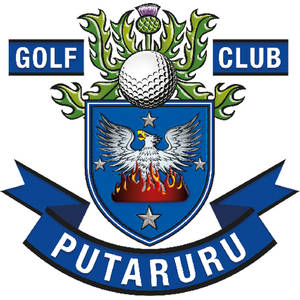Putaruru Golf Club logo: A blue shield bearing a white eagle with spread wings over red and orange flames and two silver stars, topped by a white golf ball and a green thistle plant, flanked by navy plaques reading GOLF and CLUB, above a blue ribbon banner reading PUTARURU in white capitals.