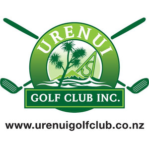 Urenui Golf Club logo: A green circular badge with URENUI arched in white capitals across the top over a silhouetted scene of cabbage trees, a mountain and a shoreline, two dark green golf clubs crossed behind the circle, a dark green banner reading GOLF CLUB INC. in white below, and www.urenuigolfclub.co.nz in black beneath.