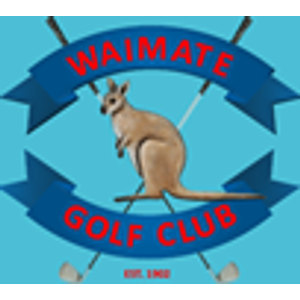 Waimate Golf Club logo: A brown wallaby standing upright on a blue disc against a pale blue square, with two golf clubs crossed behind it, blue ribbon banners above and below reading WAIMATE and GOLF CLUB in red capitals, and EST. 1902 in small red type at the base.