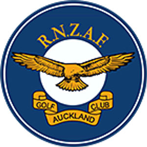 RNZAF Golf Club logo: A navy circular badge ringed in gold with R.N.Z.A.F. arched in gold serif capitals across the top, a gold eagle with outstretched wings over a white disc in the centre, and three gold scrolls below reading GOLF, CLUB and AUCKLAND.