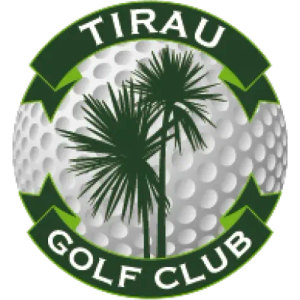 Tirau Golf Club logo: A circular badge with the dimpled surface of a white golf ball as its background, a dark green cabbage tree silhouette in the centre, light green chevrons at each side, and dark green arched bands reading TIRAU above and GOLF CLUB below in white capitals.