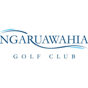Ngaruawahia Golf Club logo: The word NGARUAWAHIA in navy serif capitals with two thin blue wave strokes curving above and through it, and GOLF CLUB in smaller spaced blue capitals beneath.