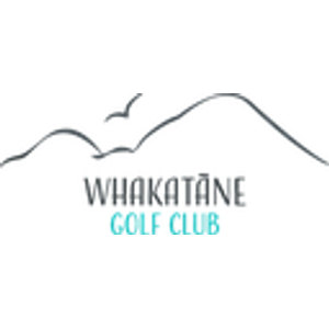 Whakatane Golf Club logo: A thin gray line drawing of a hill range with two birds in flight above it, over WHAKATĀNE in dark gray capitals and GOLF CLUB in turquoise capitals beneath.