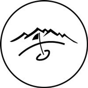 Queenstown Golf Club logo: A black circular outline enclosing a line-drawn mountain range with a golf flagstick and flag planted below it, over a single curved line suggesting a lake shoreline.