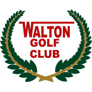 Walton Golf Club logo: Two dark green laurel branches curving up to form an open wreath with a gold arc inside, crossing in a gold bow at the base, encircling WALTON in red capitals under a red rule, above GOLF CLUB in red capitals.