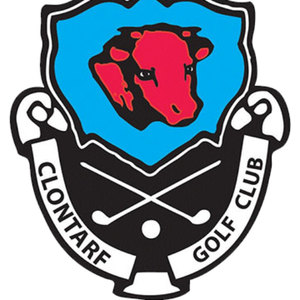 Clontarf Golf & Bowling Club logo: A light blue shield containing a red and black bull's head facing left, above a black lower panel bearing two crossed white golf clubs over a white golf ball on a tee, wrapped by a white banner reading 'CLONTARF' on the left and 'GOLF CLUB' on the right in black capitals.