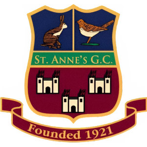 St. Anne's Golf Club logo: A gold-edged shield with a brown hare seated facing right on a navy field at upper left and a brown speckled bird standing on green grass on a navy field at upper right, above a green band reading 'ST. ANNE'S G.C.' in gold serif capitals, three cream castle towers on a maroon field below, and a maroon ribbon reading 'Founded 1921' in gold.