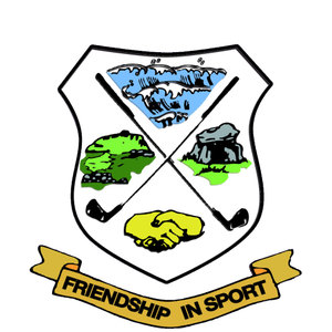 Strandhill Golf Club logo: A white shield outlined in black and quartered by two crossed black golf clubs, with blue breaking waves at the top, a green hill on the left, a grey stone dolmen on green grass on the right, and two yellow hands shaking at the bottom, above a gold ribbon reading 'FRIENDSHIP IN SPORT' in black capitals.