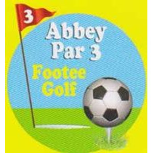 Abbey Par 3 Golf Course logo: A yellow square holding a circular scene of pale blue sky over green grass, with a red pennant flag numbered '3' on a black flagstick at the left, 'Abbey Par 3' in white outlined letters and 'Footee Golf' in yellow outlined letters, and a black-and-white soccer ball resting on a white golf tee at the lower right.