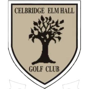 Celbridge Elm Hall Golf Course logo: A tan shield outlined in black and white bearing a black silhouette of a broad-canopied elm tree, with 'CELBRIDGE ELM HALL' in black serif capitals above it and 'GOLF CLUB' in black serif capitals below.