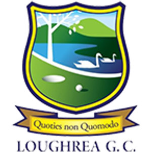 Loughrea Golf Club logo: A shield edged in navy and yellow showing green hills above a blue lake with two white swans, a bare white tree rising at the left and a white golf ball beside a pale bunker on the green fairway below, over a yellow ribbon reading 'Quoties non Quomodo' and navy serif capitals reading 'LOUGHREA G.C.'
