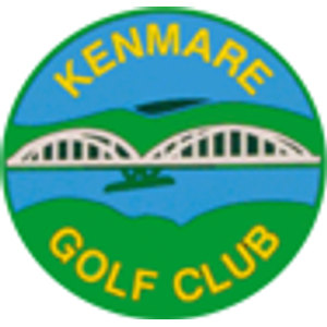 Kenmare Golf Club logo: A green circular badge with 'KENMARE' in yellow capitals curved across a blue sky at the top and 'GOLF CLUB' in yellow capitals curved across green ground at the bottom, framing a white two-arch bridge crossing blue water between green hills.