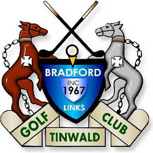 Tinwald Goft Club logo: A rearing brown horse on the left and a rearing grey horse on the right, each collared with a hanging chain and marked with a white cross, flanking a blue shield reading 'BRADFORD INC 1967 LINKS' in white beneath two crossed black golf clubs and a white golf ball on a yellow tee, above three cream banners reading 'GOLF', 'TINWALD' and 'CLUB' in green capitals.