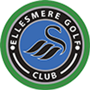 Ellesmere Golf Club logo: A green circular badge with a black inner ring reading 'ELLESMERE GOLF' in white capitals across the top and 'CLUB' across the bottom, framing a blue disc bearing a black stylised swan with a curved neck and layered wing facing left.
