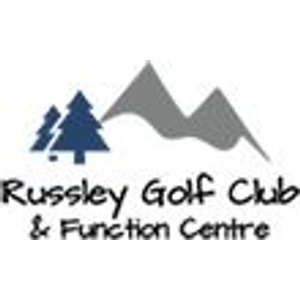 Russley Golf Club logo: Two navy silhouetted pine trees standing in front of a grey mountain range silhouette, above black handwritten script reading 'Russley Golf Club' and smaller matching script reading '& Function Centre'.