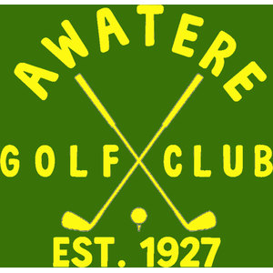 Awatere Golf Club logo: A green rectangular badge with AWATERE arched in yellow capitals above GOLF CLUB in yellow blocky letters, two crossed yellow golf clubs with a small yellow ball between their heads, and EST. 1927 in yellow at the bottom.
