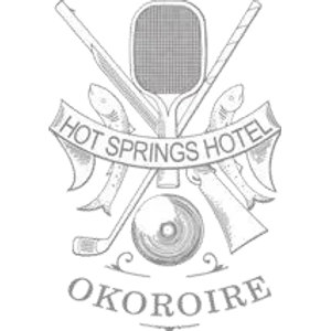 Okoroire Golf Club logo: A grey line-art crest with a strung tennis racket at the top, crossed golf clubs and fishing rods behind it, a trout hanging on each side, a ribbon banner reading HOT SPRINGS HOTEL across the centre, a golf ball below, and OKOROIRE in grey serif capitals at the bottom.