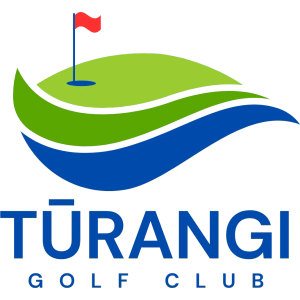 Turangi Golf Club logo: A green rolling putting green with a red flag on a blue pole above two curved blue wave bands, with the wordmark TURANGI in large blue capitals and GOLF CLUB spaced beneath it.