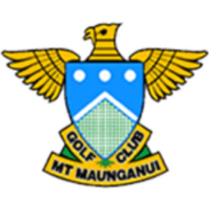 Mount Maunganui Golf Club logo: A gold eagle head with outspread gold wings above a blue shield bearing three white discs and a white chevron over a green cross-hatched diamond, with two gold banners below reading GOLF CLUB and MT MAUNGANUI in black capitals.