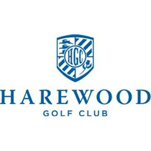 Harewood Golf Club logo: A blue shield quartered into diagonally striped and line-drawn sections with the monogram HGC inside a circle at its centre, above the wordmark HAREWOOD in blue serif capitals with GOLF CLUB spaced beneath.