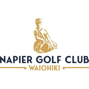 Napier Golf Club Inc. logo: A gold figure in a cap kneeling beside a golf bag, above NAPIER GOLF CLUB in navy sans-serif capitals and WAIOHIKI in gold capitals set between two gold rules.