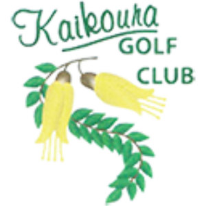 Kaikoura Golf Club logo: The name Kaikoura in green script above GOLF CLUB in green capitals, beside a painted spray of yellow kowhai flowers hanging from a green leafy branch.