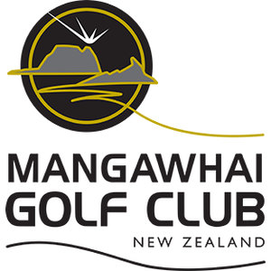Mangawhai Golf Club logo: A black circular badge ringed in yellow showing two grey headlands with a white starburst of rays above them, a yellow line sweeping across the headlands and trailing out to the right, above MANGAWHAI GOLF CLUB in black capitals with NEW ZEALAND beneath and a black wave line under the wordmark.