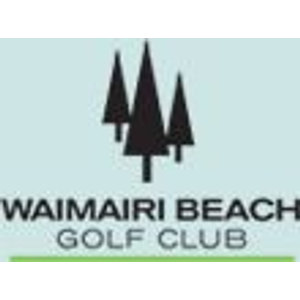 Waimairi Beach Golf Club logo: Three black pine trees of unequal height above WAIMAIRI BEACH in black capitals and GOLF CLUB in grey capitals, underlined by a green bar, on a pale mint-green background.