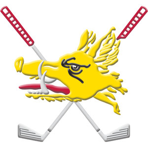 Portsalon Golf Club logo: A yellow winged boar with a white curved tusk and an open red mouth facing left, with two golf clubs with red-and-white striped grips crossed behind it.