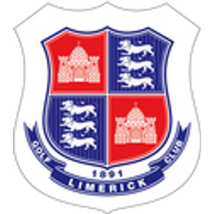 Limerick Golf Club logo: A quartered shield with two red quarters each holding a white domed castle and two navy quarters each holding three white walking lions, above a navy ribbon banner reading 'GOLF' and 'CLUB' at the sides and '1891' over 'LIMERICK' in white.