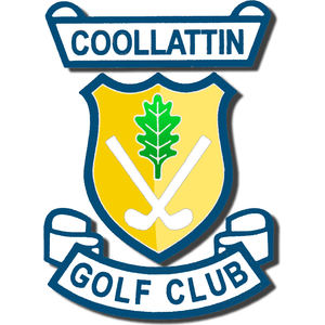 Coollattin Golf Club logo: A gold shield outlined in navy holding a green oak leaf above crossed white golf clubs, with a white banner outlined in navy reading 'COOLLATTIN' in blue above and a matching banner reading 'GOLF CLUB' below.