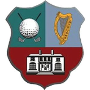Castlewarden Golf and Country Club logo: A shield in three parts: a teal upper left with a white golf ball and crossed grey golf clubs, a blue-grey upper right with a gold Irish harp, and a dark red lower half with a white two-storey clubhouse.
