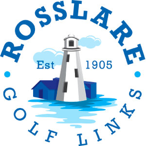 Rosslare Golf Club logo: A white lighthouse with a black lantern room standing on a rock above pale blue water and two navy buildings, with 'ROSSLARE' arched above in navy, 'GOLF LINKS' arched below, and 'Est' and '1905' flanking the lighthouse in blue.
