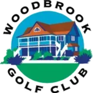 Woodbrook Golf Club logo: A circular badge with a blue clubhouse with an orange roof and dark green shrubs on green ground against a blue circle, with 'WOODBROOK' arched above and 'GOLF CLUB' arched below in black.