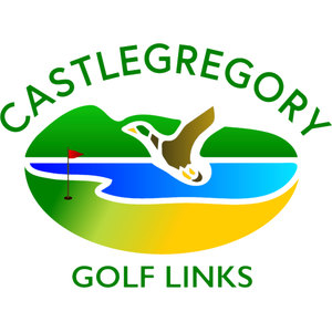 Castlegregory Golf Club logo: An oval landscape badge with a white and brown bird with a yellow beak flying left over a green headland, blue sea and a yellow sand beach, with a red flag on a green at the left, 'CASTLEGREGORY' arched above and 'GOLF LINKS' below in green.